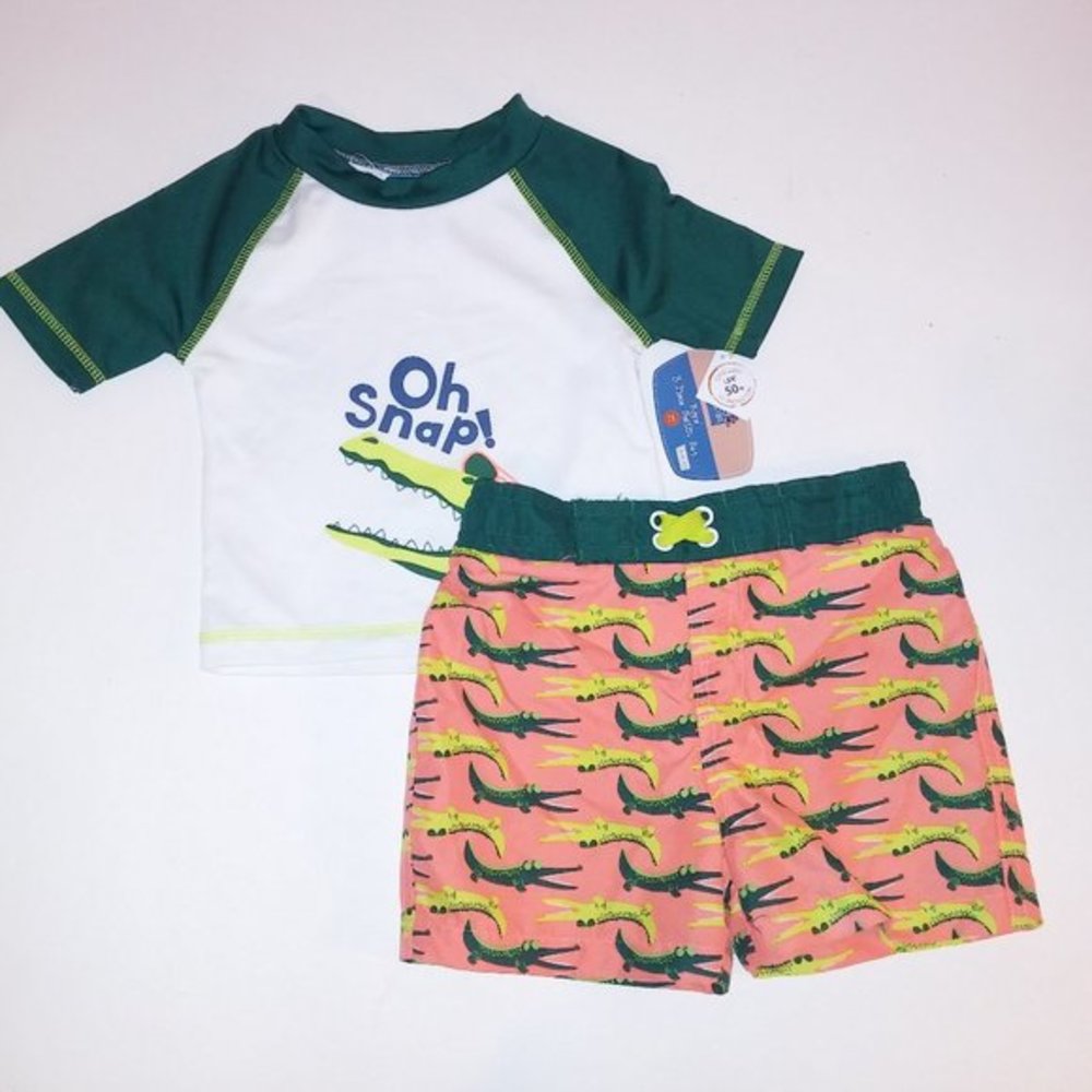 Lily & Dan Boys 2 Piece Swim Set Green Orange White Alligators Rash Guard Swim T